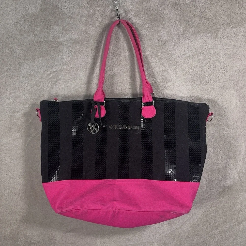 Victoria's Secret Tote Bag Womens Large Black Pink Sequin Weekender Travel Beach